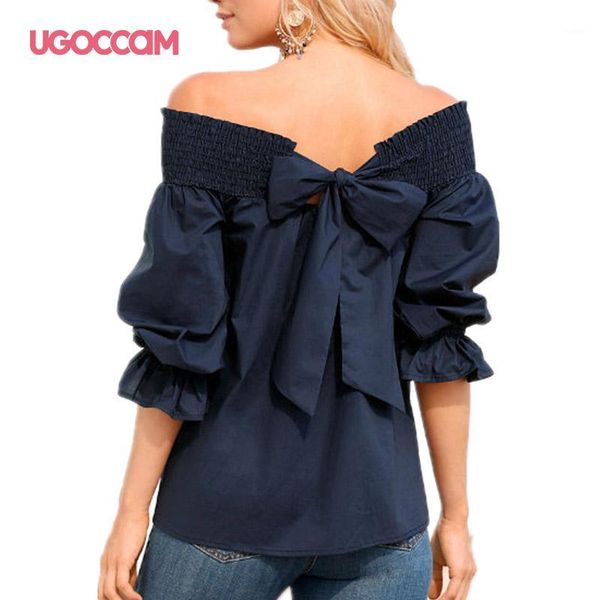 

ugoccam bow street style folds slash neck lantern sleeve ruffles sweet t-shirt three quarter sleeve summer tees casual1, White
