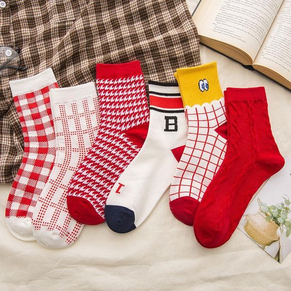 

socks & hosiery women's soft and comfortable cotton red plaid middle tube crew 2021 fashion1, Black;white