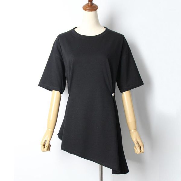 

ewq] 2019 summer new short sleeve o neck solid color asymmetrical casual trend large size woman t-shirt qj75801, White