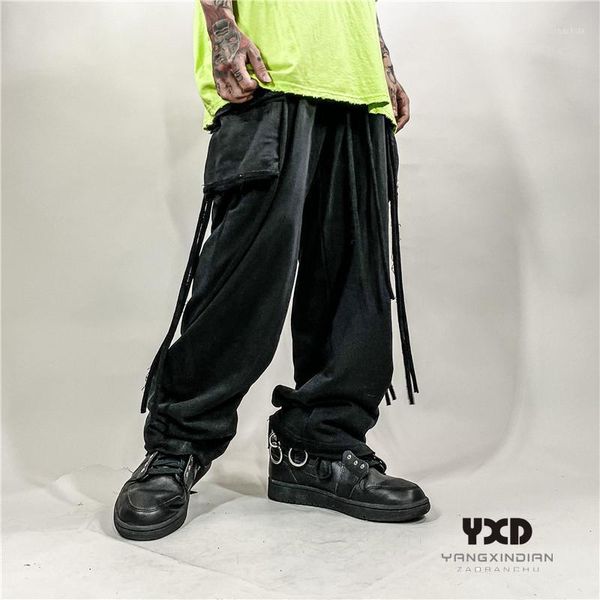

men's cotton ribbon cargo pants streetwear hip hop pants mens fashion joggers sport loose casual wide leg trousers1, Black