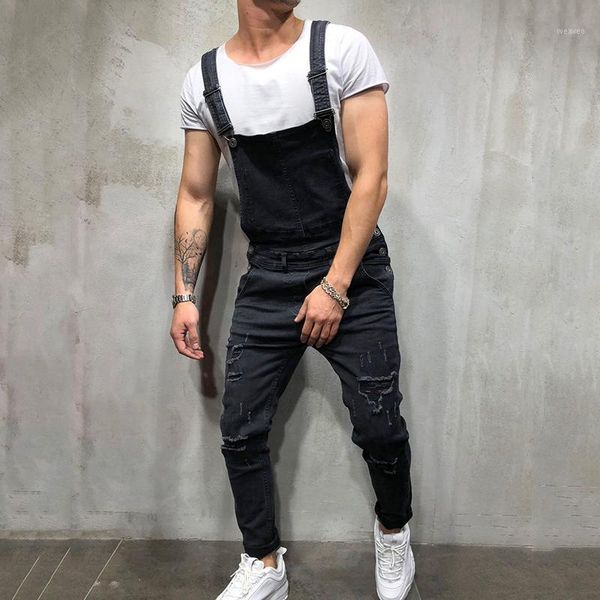 

men ripped jeans jumpsuit summer casual fashion ripped high street distressed denim overalls men's overalls1, Blue