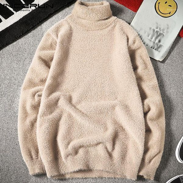 

winter fashion men sweater warm jumper faux fleece turtleneck long sleeve 2020 fashion men pullovers streetwear incerin s-5xl1, White;black