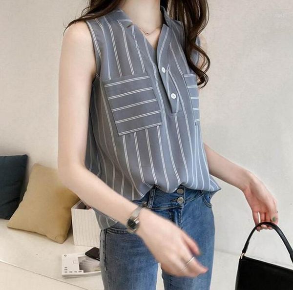 

womens v-neck sleeveless striped slim fit shirt1, White