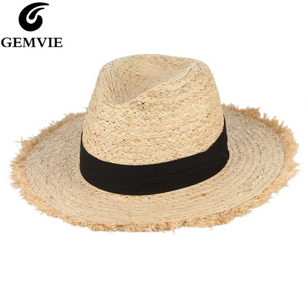 

gemvie summer hats for women fringe tassel raffia straw hat with black ribbon foldable large brim sun hat men beach cap panama y200714, Blue;gray