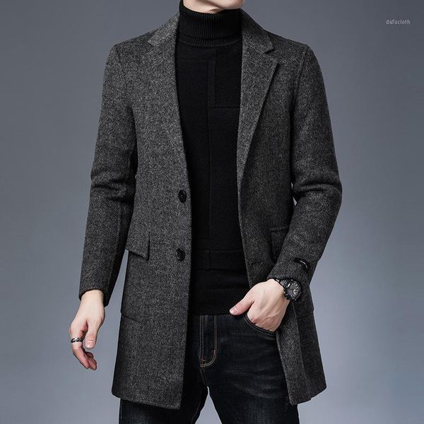 

winter men's slim woolen overcoat medium long woolen heavy coat windbreaker1, Black