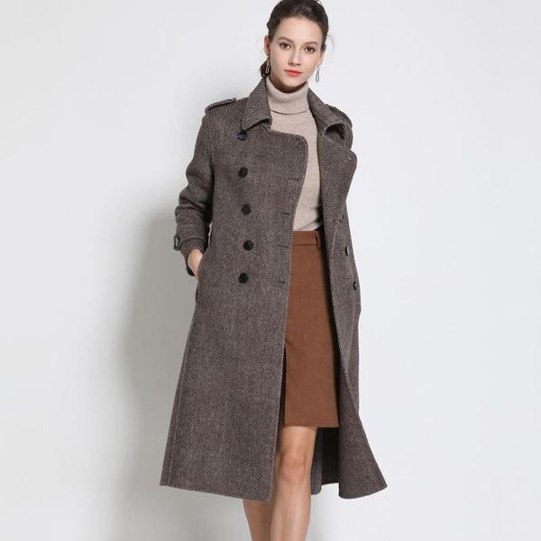 

2020 autumn and winter new herringbone pattern double-faced wool coat female long section fashion wool coat female1, Black