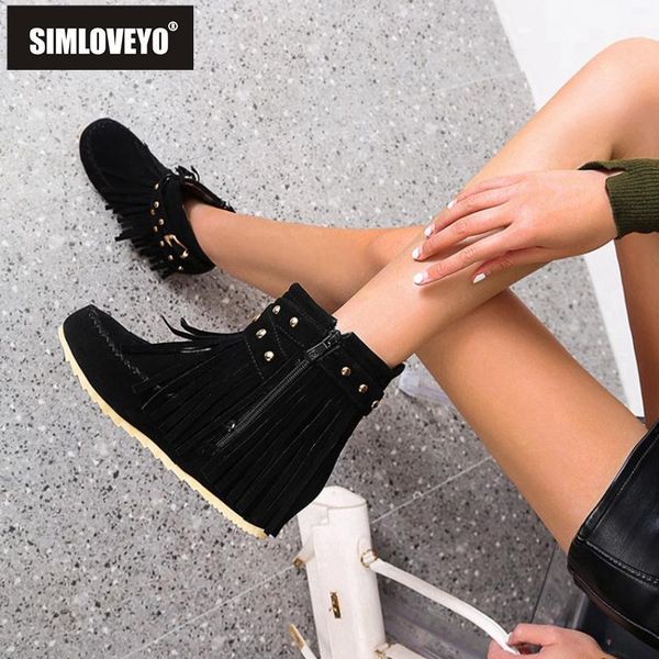 

simloveyo women ankle boots round toe flat 4cm nubuck zip hidden fringe rivet short plush buckle big size 35-48 winter a3257, Black