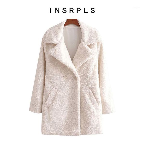 

insrpls women fashion thick warm fleece teddy coat vintage long sleeve side pockets female outerwear chic overcoat1, Black