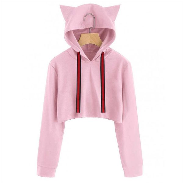 

womens cute cartoon cat ears hoddies solid red cap long sleeve hoodie sweatshirt hooded crop busos para mujer o, Black