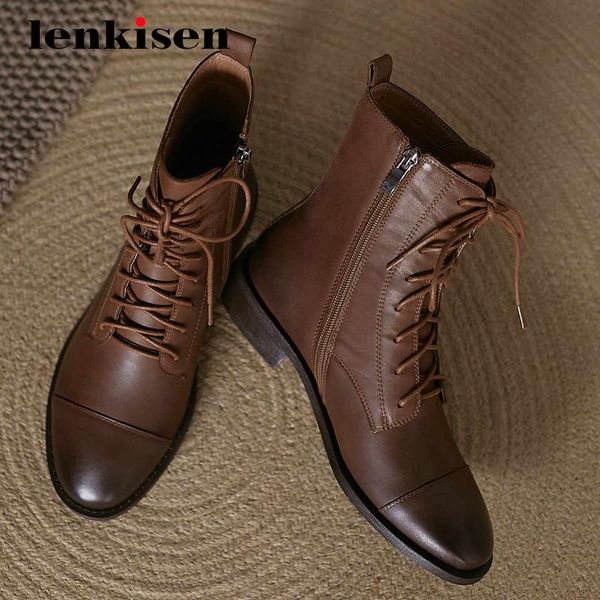 

boots lenkisen vintage natural leather british style mature round toe thick low heel zipper young lady daily wear cozy ankle l10, Black