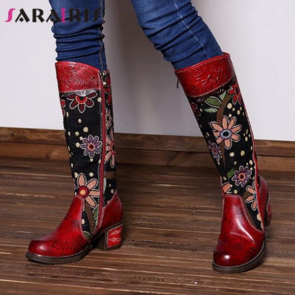 

boots sarairis female 2021 rivet genuine leather women round toe mixed colors zip mid calf chunky heels shoes woman, Black