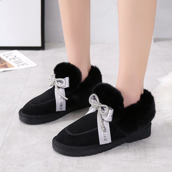 

2021 the new fashions crystal bow winter warm teddy fur boots comfortable woman snowshoes shoes flatfootwear women's cotton qi90, Black