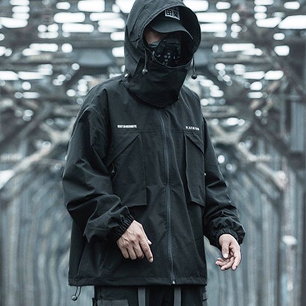 

dark removable cargo jackets tactical function pullover streetwear harajuku multi pockets hoody windbreaker coats, Black;brown