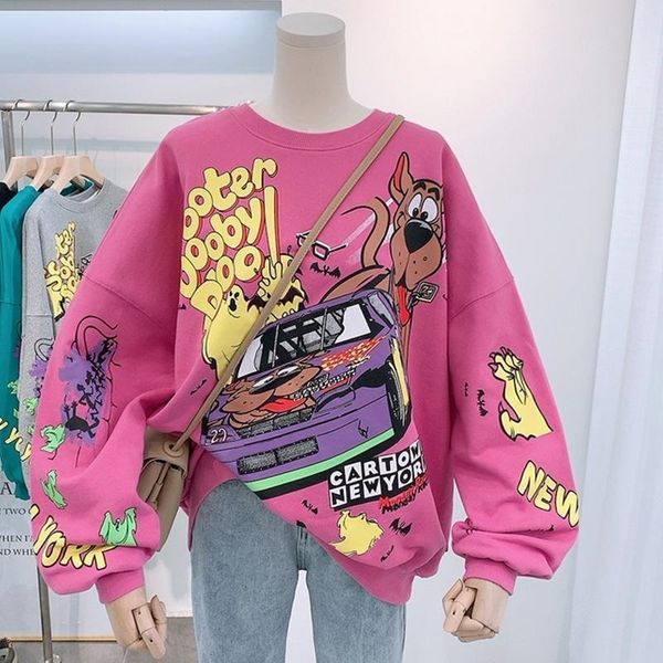 

autumn women sweatshirt hoodies funny cute graffiti cartoon plus size oversized boyfrined pullover harajuku hoodies streetwear y200915, Black