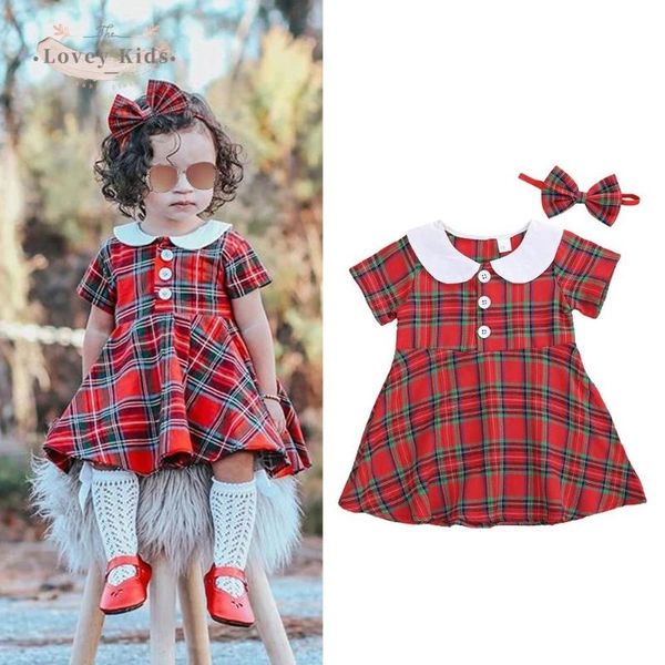 

2pcs christmas dress kids baby girls princess short sleeve red plaid summer pageant party xmas dresses headband sundress, Red;yellow