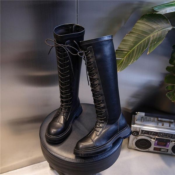 

boots autumn and winter 2021 british style retro knight women over the knee casual leather women's shoes trend, Black
