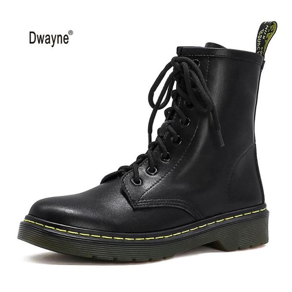 

women genuine leather ankle boots 2020 lace low heel round toe black motorcycle boots female autumn winter punk goth shoes 34-43