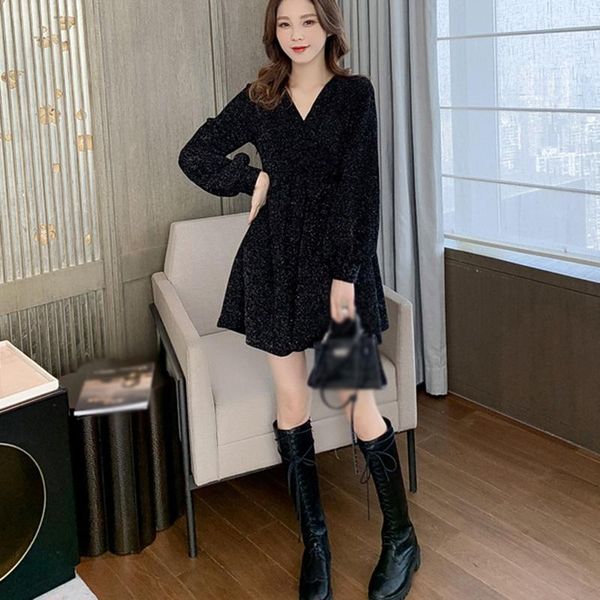 

spring autumn elegant dress women korean style long sleeve v-neck shiny waist dress for female, Black;gray