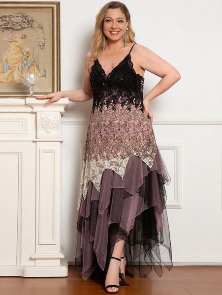 

ever-pretty plus sequin decor lace panel mesh layered hem cami dress k3ty#, Black