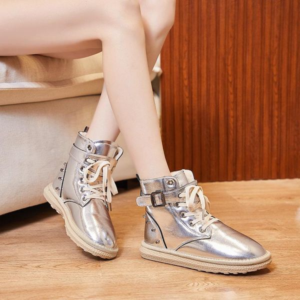 

rivet snow boots женская обувь блеск ботильоны узелок зимы теплые ботинки женщин плюшевые плоский mulheres botas 2020, Black