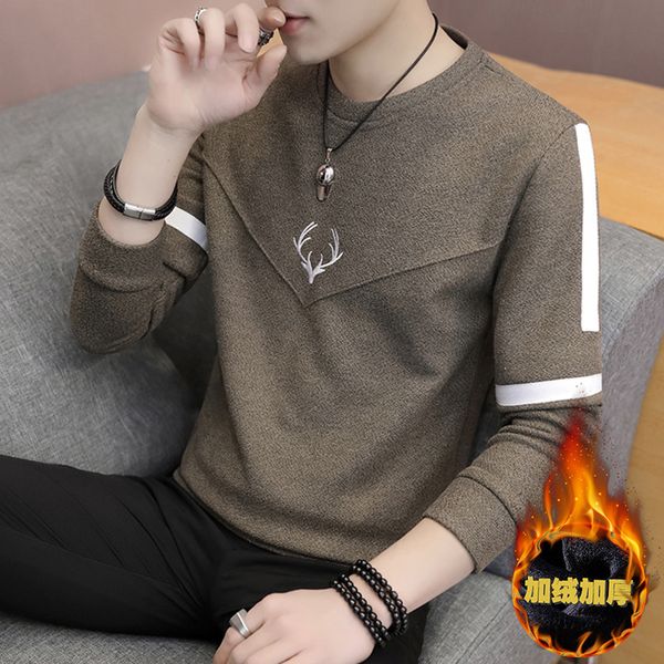 

men's long sleeve t-shirt plush bottom and winter coat 2020 inner wear sweater trend korean autumn garment, White;black