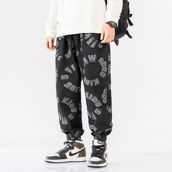 

2021 new spring new men's jeans loose big size streetwear fashion street elastic waistline all-match popular harlem tied pants tb56, Black