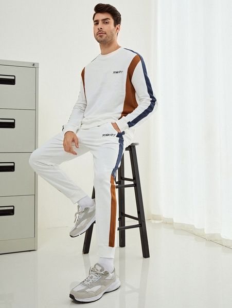 

men letter embroidery contrast side seam pullover & sweatpants v4wm#, Gray