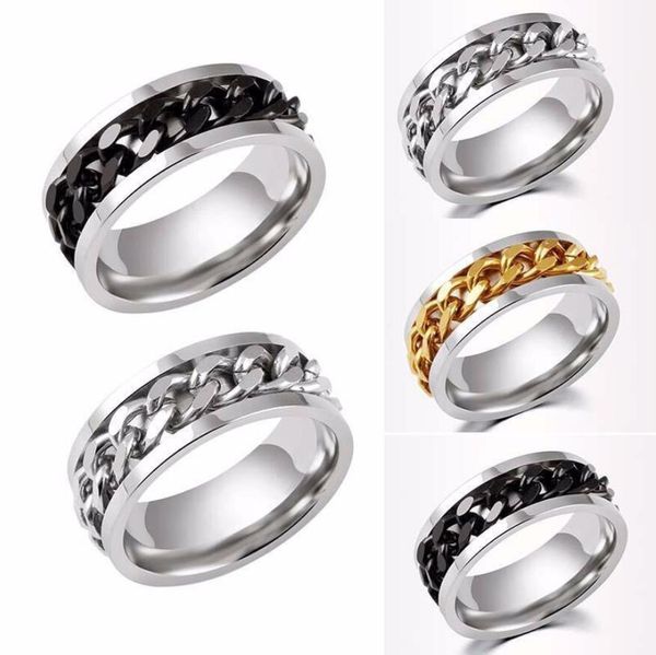 

new high-end бутик мужские из нержавеющей стали черного золота серебра синей цепи вращающегося пальца кольца прилив личность цепь кольцо 5 ц, Silver