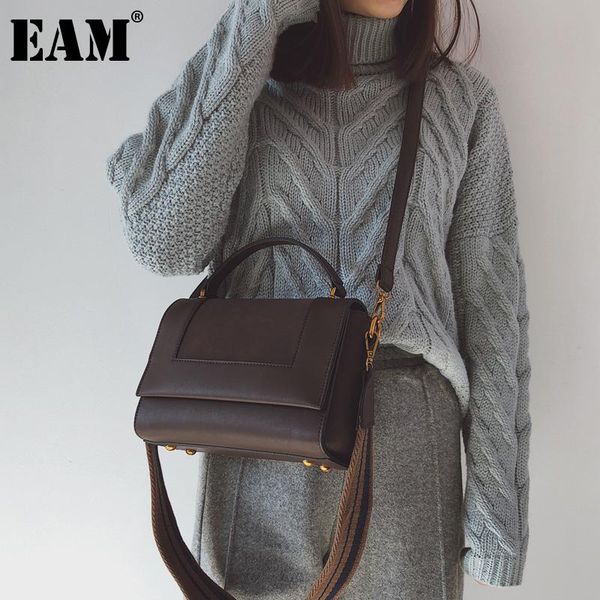 

[eam] women new vintage square coffee pu leather flap personality all-match crossbody shoulder bag fashion tide 2021 18a1737