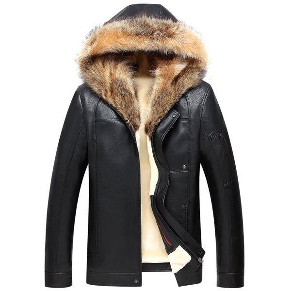 

russia winter real fur collar men faux sheepskin thick hooded leather jacket male luxury windbreaker coat c1103, Black;brown