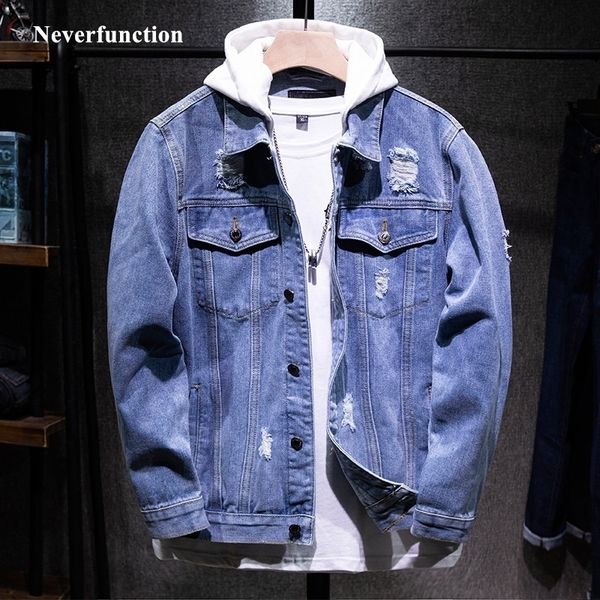 Männer Neue Slim Streetwear Abnehmbare Kapuze Denim Jacken Hip Hop Männliche Einfache Feste Beiläufige Jeans Jacke Mantel Plus Größe 5XL 201116