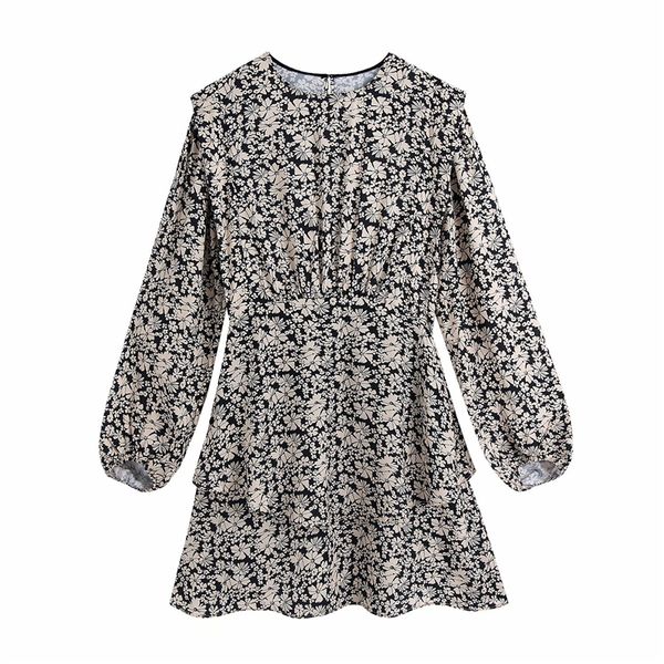 

2021 new women floral print 2021 fashion ladies satin dress elegant female cascading ruffles mini dresses h7sx, Black;gray