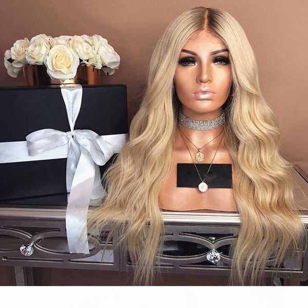 

blonde ombre synthetic wig dark root heat resistan fiber hair long wavy glueless synthetic none lace wigs for black women