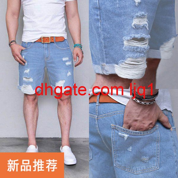 

short jeans new men's summer fashion light color thin men's hole, Blue