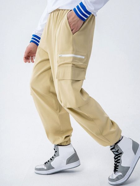 

men zip detail flap pocket side drawstring waist pants u4gi#, Black