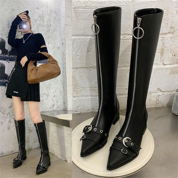 

2020 autumn winter leather boots women's high heel knee-high boots metal hasp zipper anti-slip wearable warm1, Black