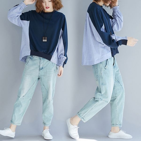 

odrd4 2020 sleeve and winter new loose artistic large size knitwear sweaterstriped long knitted knitwear short t-shirt stitching sweater aut, White