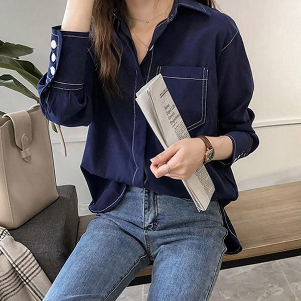 

women vintage autumn shirt long sleeve button pocket solid color casual retro female blouses fall clothes, White;black