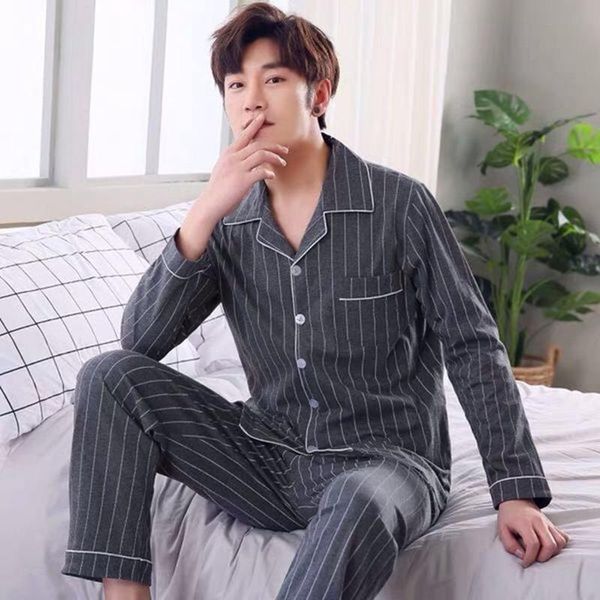 

men's sleepwear autumn and winter fashion long-sleeved casual striped pajamas set men lapel cardigan home service s, Black;brown