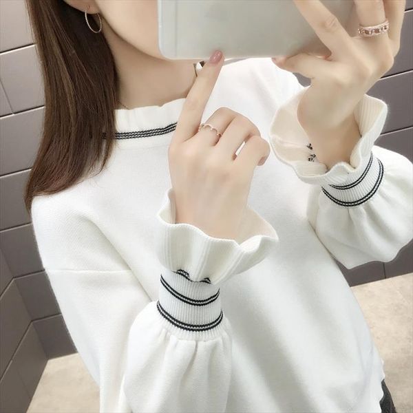 

2020 new autumn winter womens flare sleeve sweater casual loose bottoming shirt long sleeve turtleneck striped jumper jersey, White;black