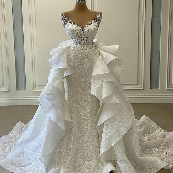 

mermaid wedding dresses with detachable train lace appliqued sweetheart country bridal gowns sweep train ruffles robe de mariage, White