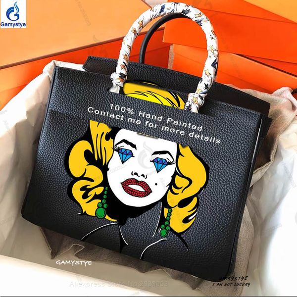

hand drawing designer pop art girl monroe customize handbag genuine leather bags women messenger handbag real cowskin, Black;red