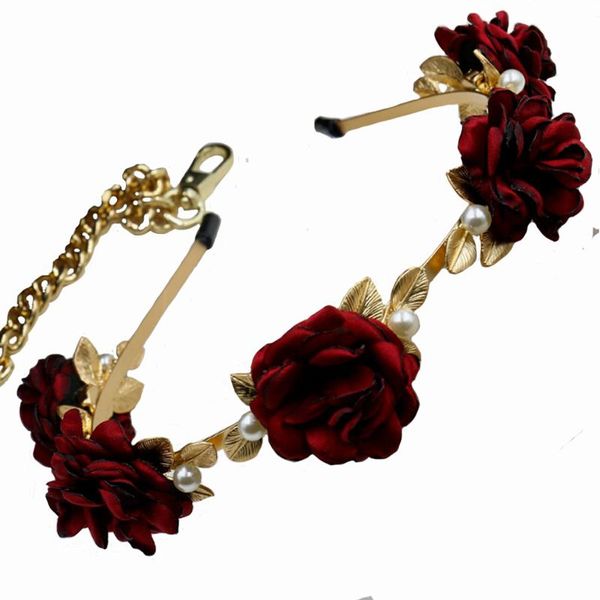 

red rose hairpin barrettes metal leaf pearls hairwear jewelry bridal artificial flowers hair bands beach bridal hair clip, Golden;silver