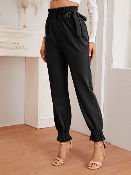 

paperbag waist knotted tapered pants q7zd#, Black;white