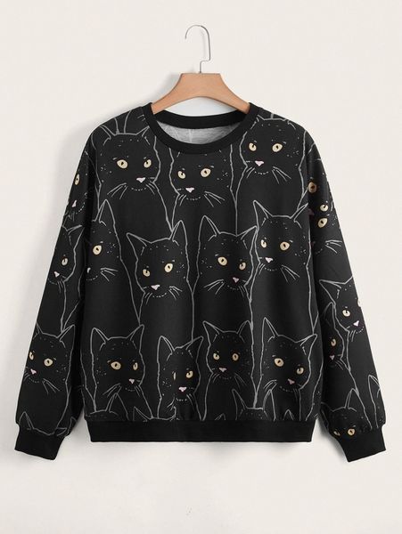 

plus cat print drop shoulder pullover c6ef#, Black