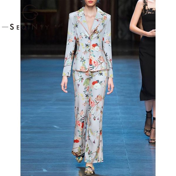 

seqinyy vintage suit blazer + slim long pants flowers bird print 2020 spring autumn new fashion design women runway set, White
