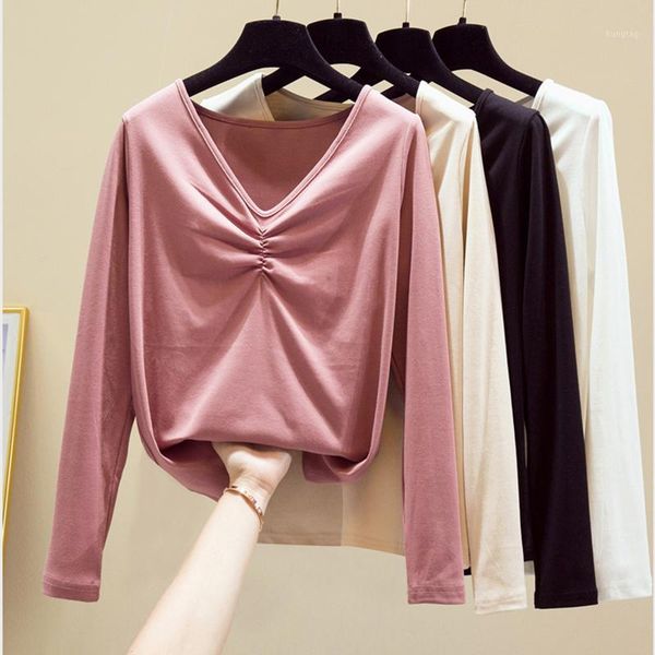 

2020 autumn winter pink t shirt white tee shirt femme female slim long sleeve fashion clothes1, White;black