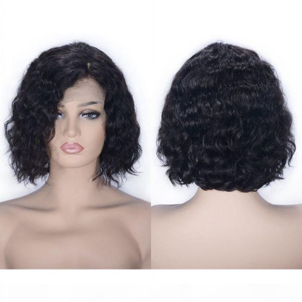 

brazilian lace wig 8 inch water wave virgin human hair lace front wig short bob wig for women, Black;brown