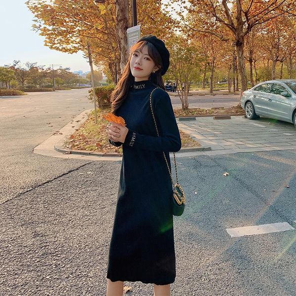 

casual dresses one-piece korean fashion letter half-high neck autumn winter loose simple hepburn black knitted women's clothing sweater, Black;gray