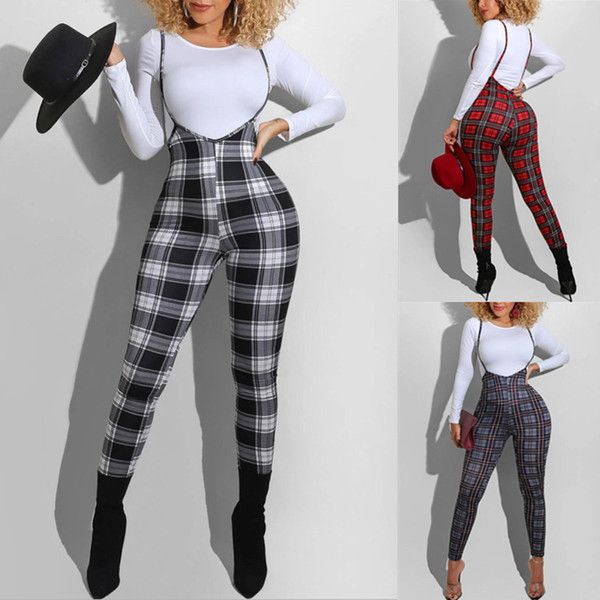 

new check print all-in-one pants in autumn and winter 2021 stretch slim strap leggings designer long sleeve trousers, White